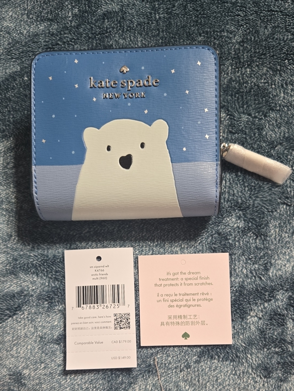 NWT Kate Spade Blue and Cream Polar Bear Zip Wallet